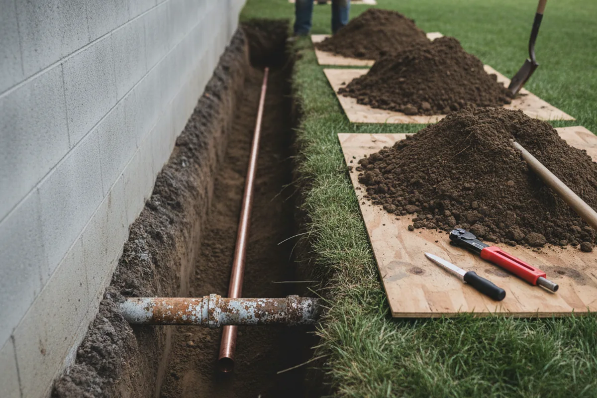 Excavated water line trench during Water Heater Repair in Elm City